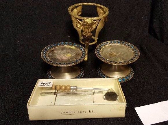 Lot of four items, metal candle holders, snuffer and metal plant stand