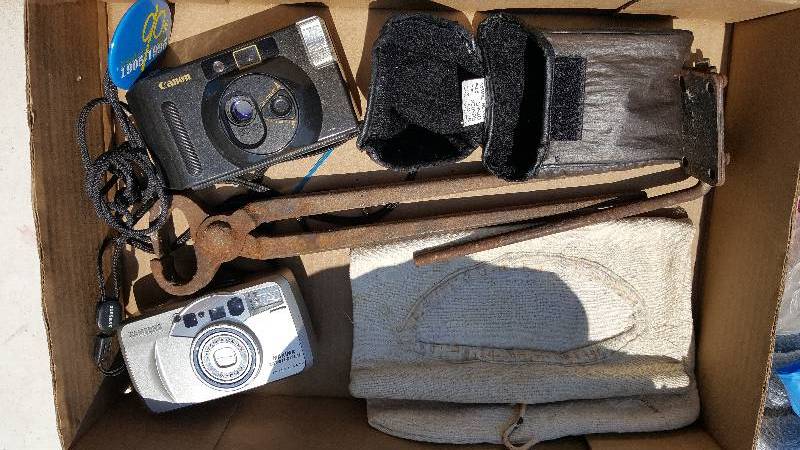 vintage clothes line hanger pouch, cameras, and more