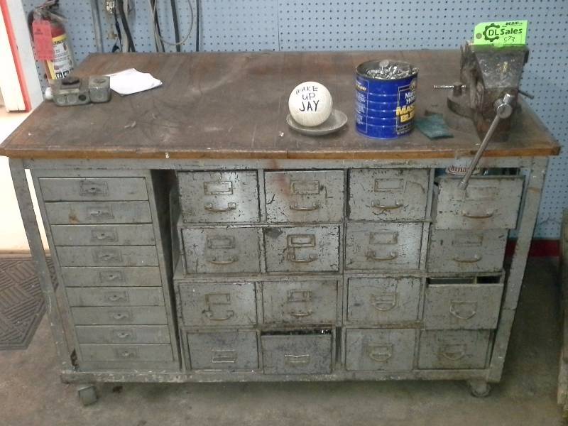 lot 573 image: Metal Work Table with storage drawers
