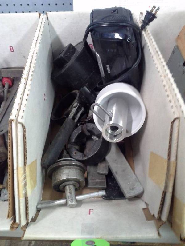lot 584 image: Bin of Metal Parts and Tools