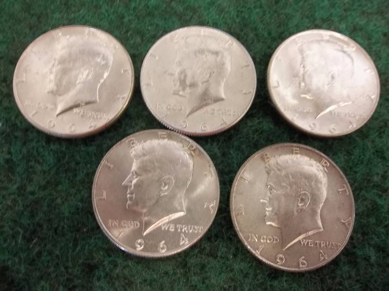 5- 1964 Kennedy Halves Unc (90 % Silver)