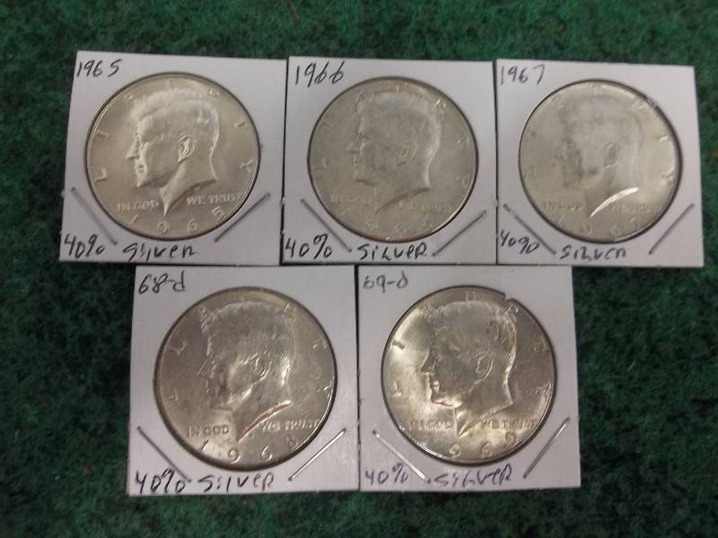 5-Kennedy Halves 1965, 1966, 1967, 1968 D, 1969 D (Unc)