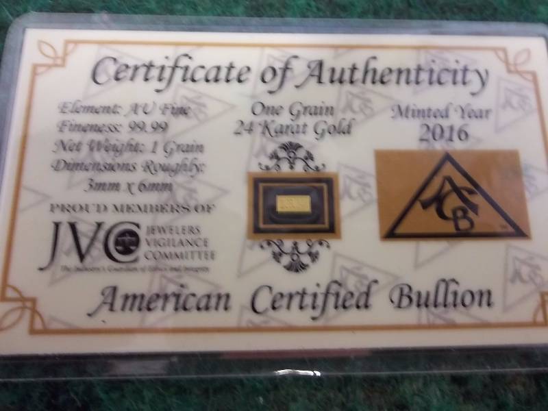 1 Grain Gold Bullion 99.9 Fine With COA