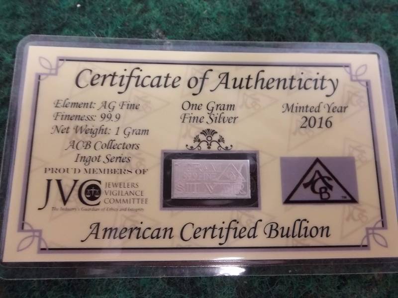 1 Gram Silver Bullion .999 Fine With COA