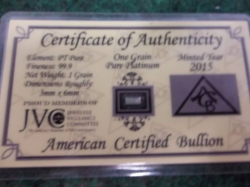 1 Grain Platinum Bullion 99.9 Fine With COA
