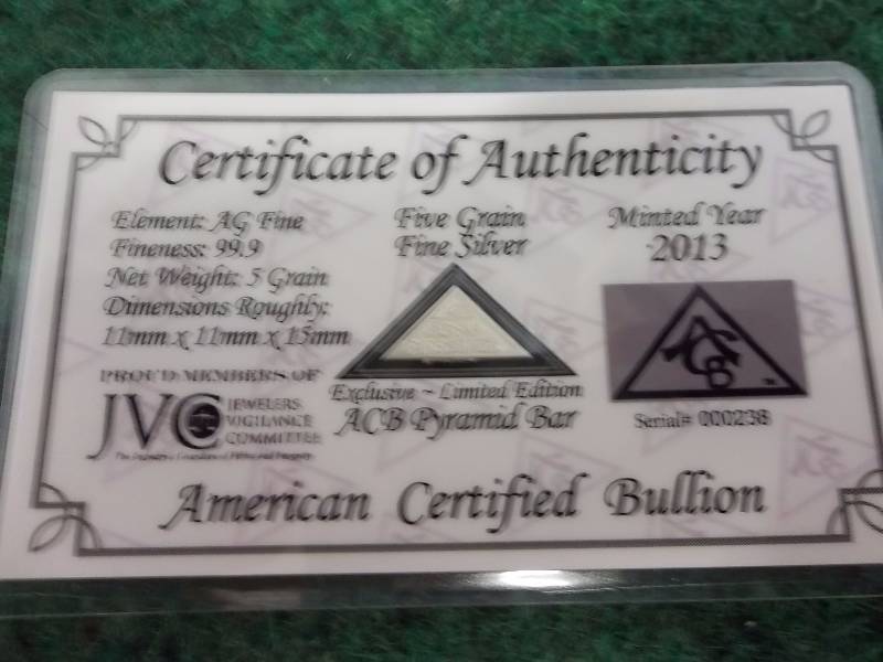 Five Grains Silver Bullion .999 Fine With COA
