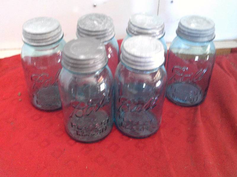 6 VINTAGE BLUE MASON JARS