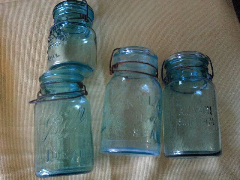 4 VINTAGE BLUE CANNING JARS
