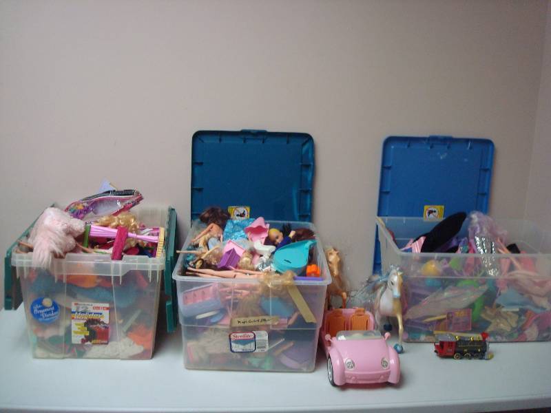 Three Bins Of Girl Items, Dolls...