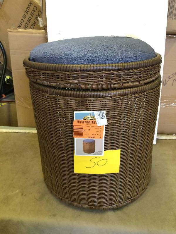Hampton Bay Spring Haven Brown All Weather Wicker Patio Storage Stool with Sky Blue Cushion
