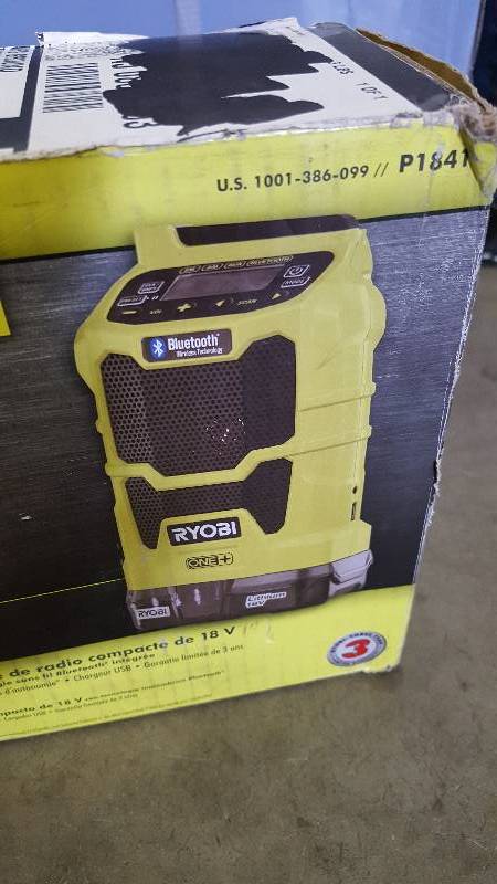 lot 29 image: Ryobi ONE 18-Volt Lithium-Ion Cordless Compact Radio Kit with Bluetooth Wireless Technology New