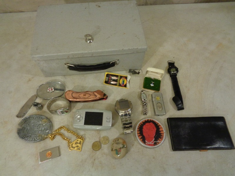 lot 43 image: Lock Box with Watches, Coach Wallet, Belt Buckles, Etc.