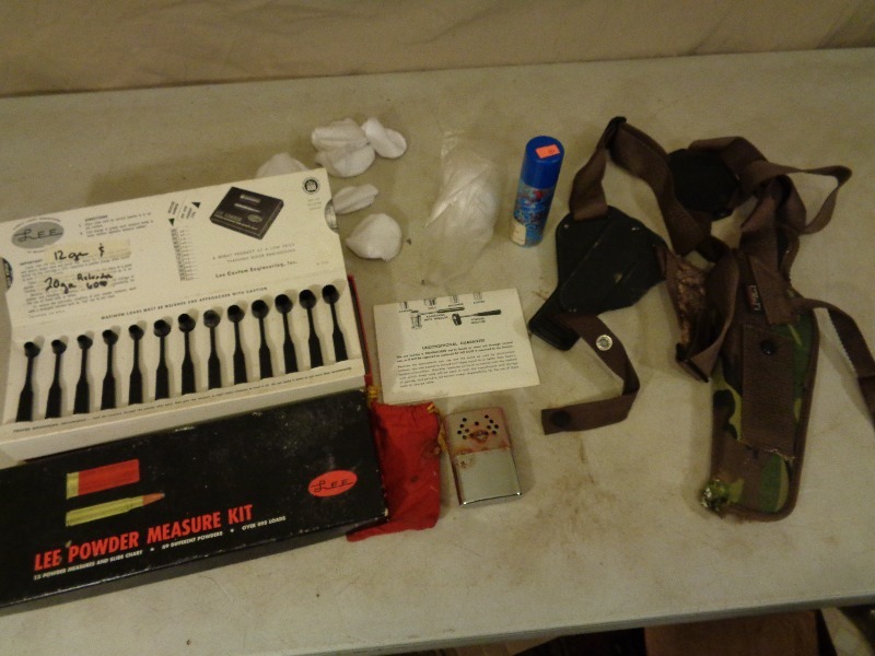 lot 105 image: Gun Holster, Powder Measure Kit, Etc