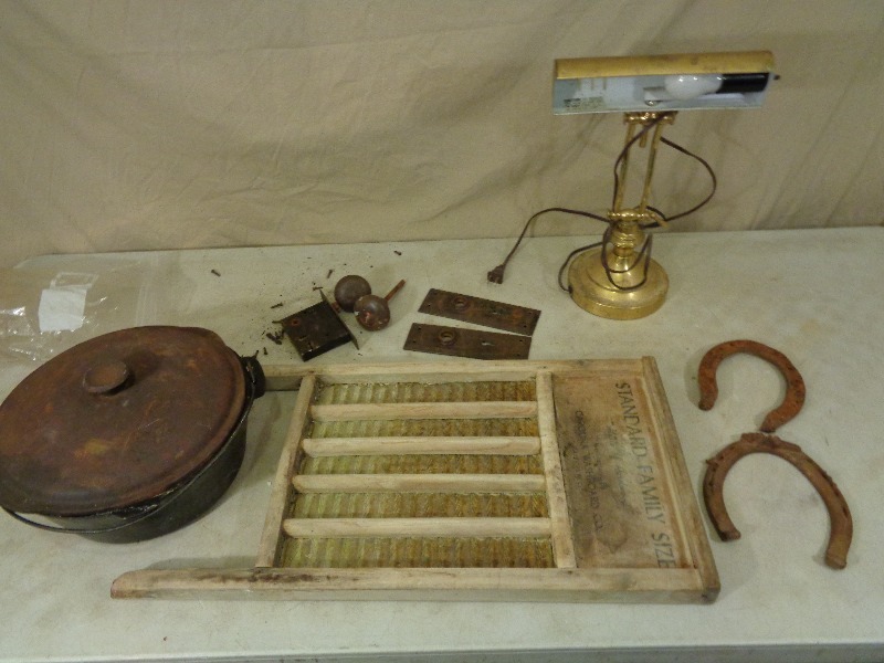 lot 115 image: Cast Iron Pot, Wash Board, Horse Shoes, Etc