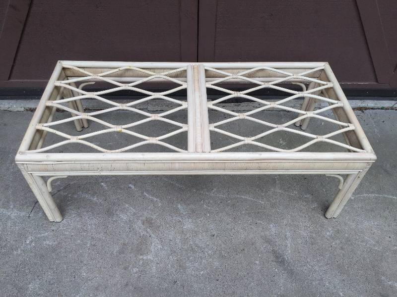 lot 47 image: Vintage Mid Century Modern Blonde Bamboo Wicker Rattan Woven Coffee Table Deck Porch Breezy Sunroom- Very Nice Condition For Age