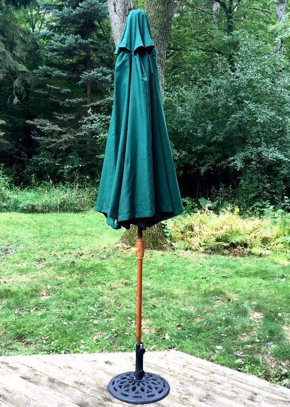 lot 28 image: RARE Retro Hollywood Glam Tiki Bamboo Look Wood 9 Green Patio Umbrella  Heavy Duty Iron Stand