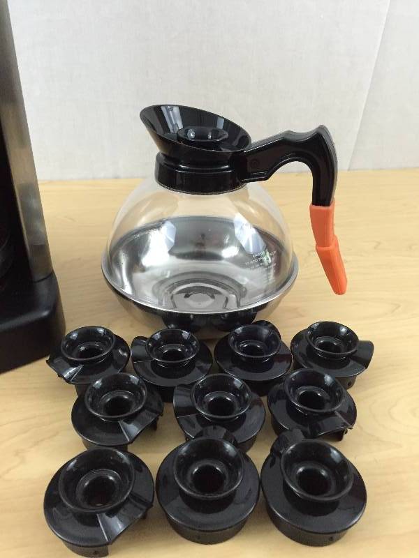 lot 14 image: New Bunn Coffee 12-Cup Coffee Glass Metal Carafe Decanter for Pour-O-Matic Bunn Coffee Makers  Lots of Lids & Cuisinart Coffee Maker Tested & Works