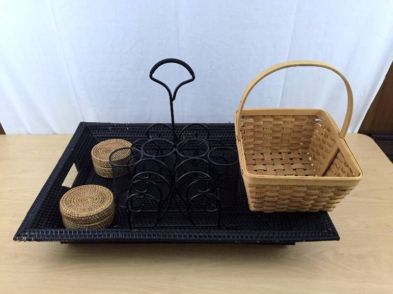 lot 25 image: Restoration Hardware Patio Deck Sunroom Porch Beverage Serving Set - Large Black Bamboo Wicker Rattan Serving Tray $$$ - Glass Wine Bottle  Utensil Carrier - Wicker Coasters