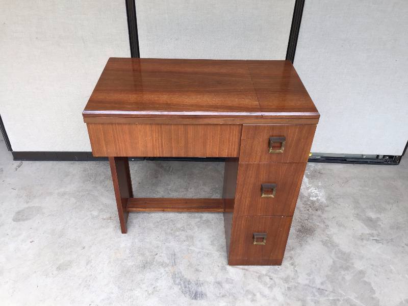 lot 37 image: Beautiful Mid Century Modern Sewing Cabinet Crafting Table with Drawers - Very Nice Condition With Original Stool