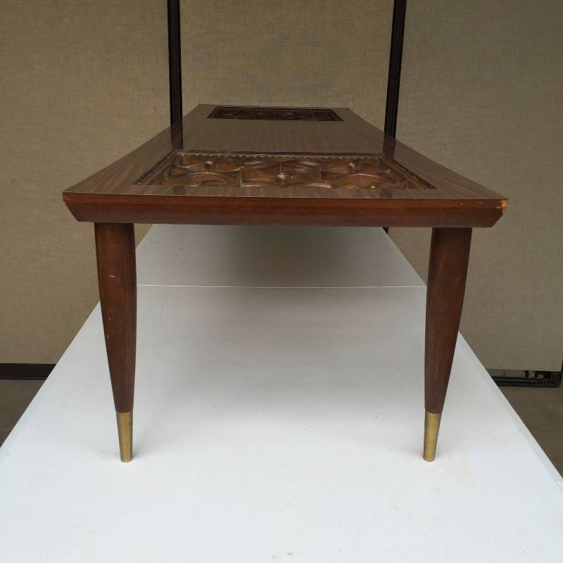 lot 52 image: WOW  Mid Century Danish Modern Retro Atomic Age Cool Coffee Table With Floral Geometric Cutout Design & Brass Cap Legs - Ultra Mad Men Chic  Nice Vintage Condition - Couple Edge Scuffs, Table Top In Great Shape and Replacement Glass Needed For Cutouts