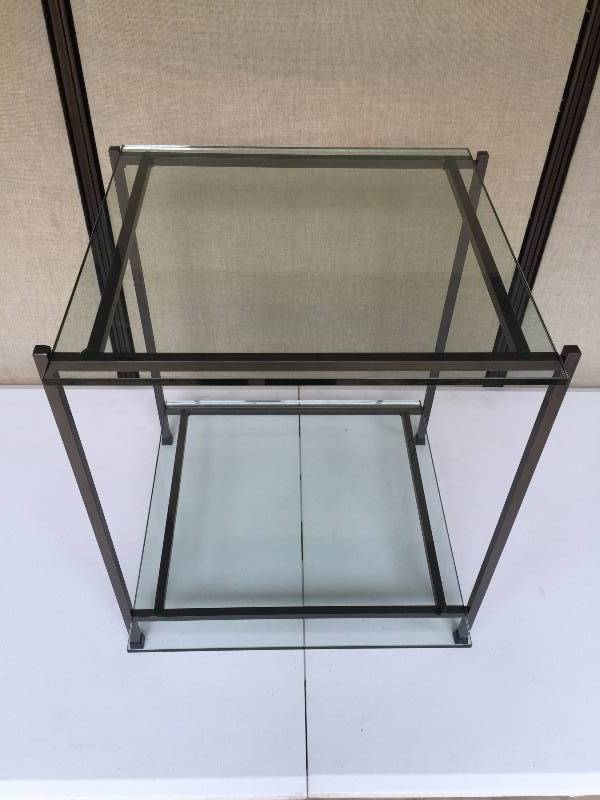 lot 39 image: Modernist Chic Pottery Barn Heavy Double Shelf 12 Flat Polished Tempered Glass With Steel Frame End Table - Excellent Condition - Matches Lot 40