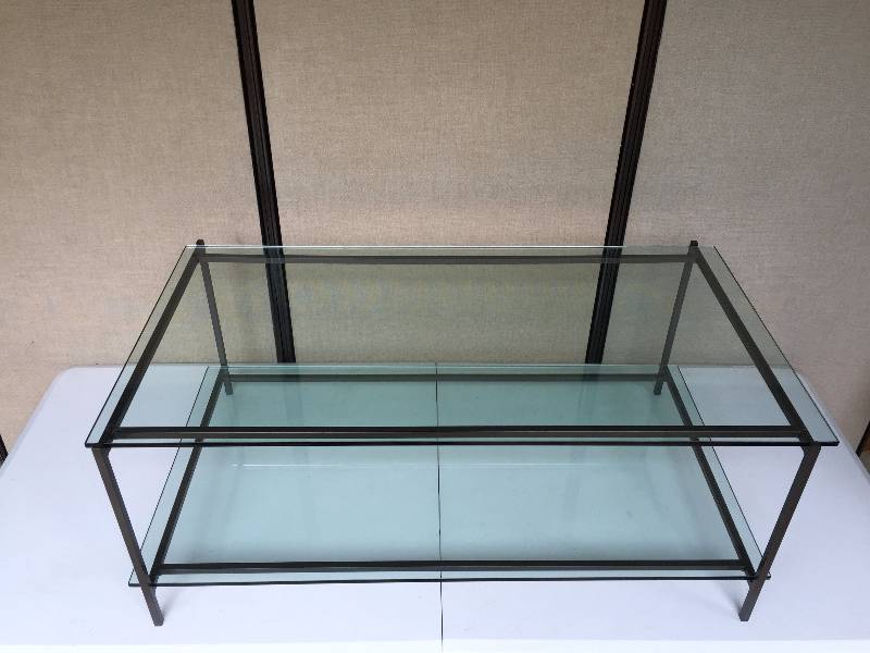 lot 40 image: Modernist Chic Pottery Barn Heavy Double Shelf 12 Flat Polished Tempered Glass With Steel Frame Coffee Table - Excellent Condition - Matches Lot 40