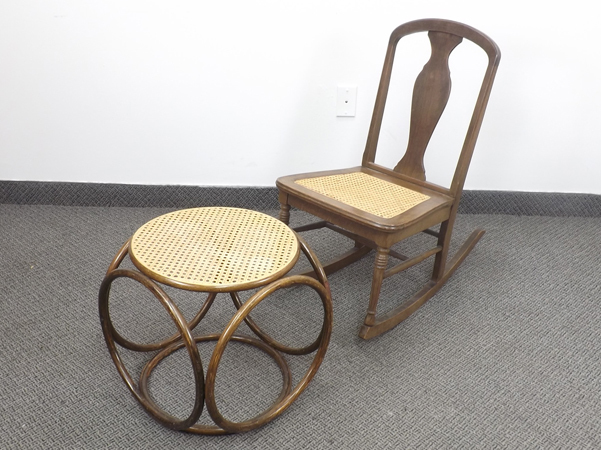 lot 9 image: Vintage Rattan Rocker with Ottoman