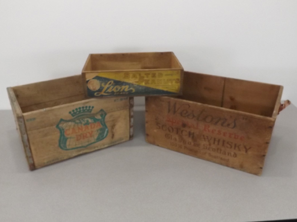 lot 36 image: 3 Vintage Advertising Wooden Crates -Whiskey, Soda, etc.