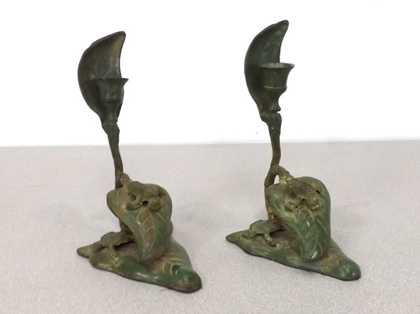 lot 38 image: Antique Solid Brass, Painted Frog Folk Art Lily Pad Candle Holders