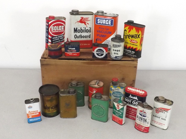 lot 44 image: Wood Crate Full of Vintage and Antique Oil etc. Metal Cans