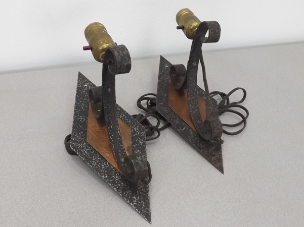 lot 49 image: 2 Antique Hand Hammered Copper Spanish Revival Wall Sconces