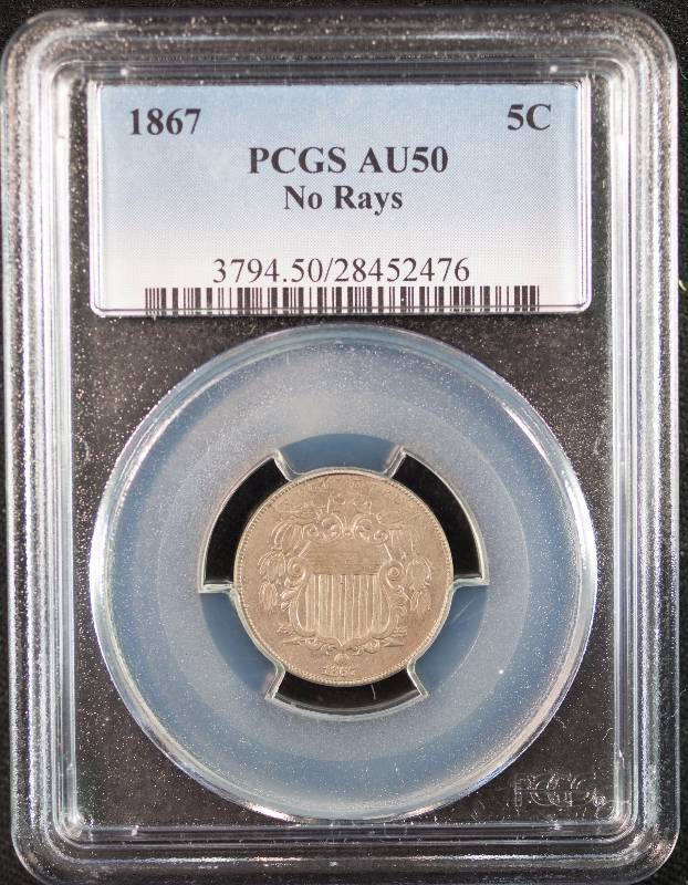 1867 Five Cent Shield Nickel No Rays AU50