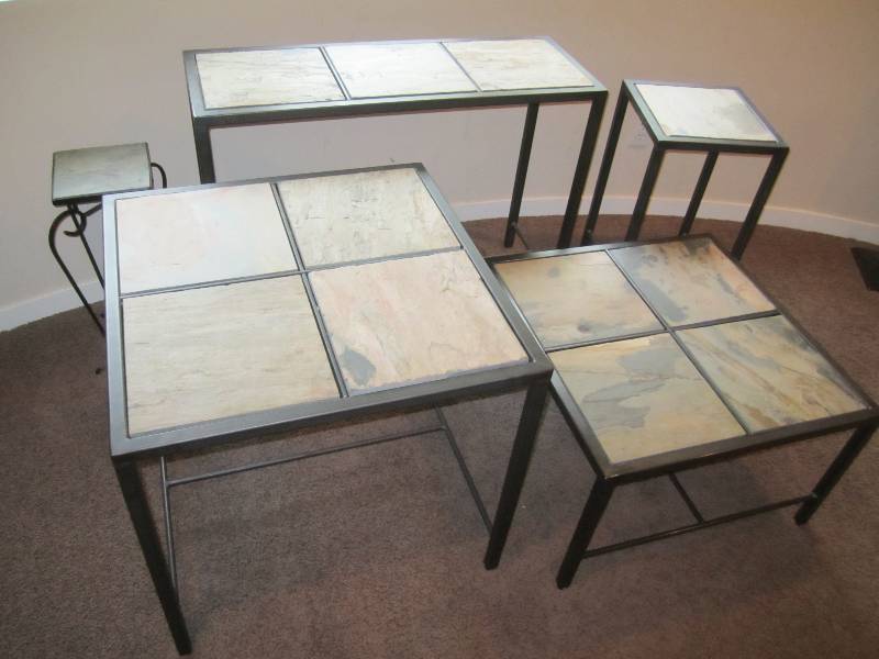 Set of 5 slate top tables, two are ...