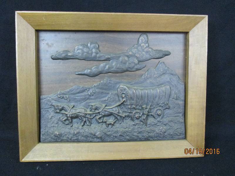 lot 22 image: Heavy Bronze Covered Wagon Picture