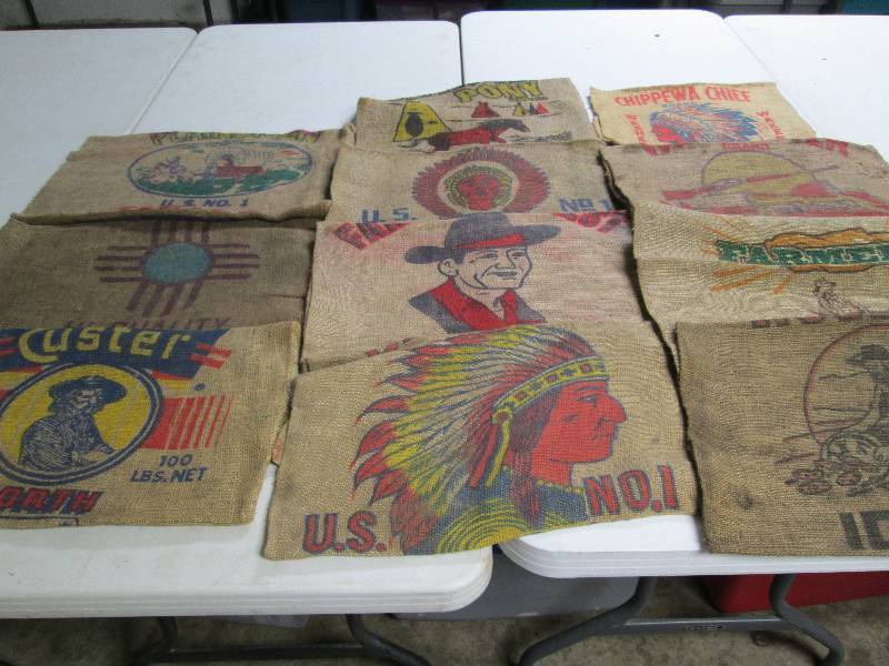 lot 345 image: 11 Assorted Burlap Potato sacks