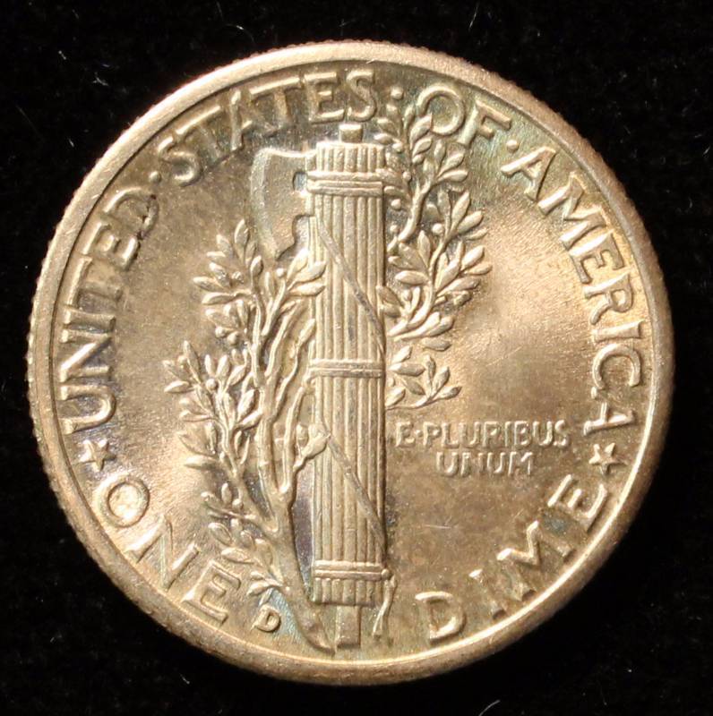 1943-D MERCURY SILVER DIME BU UNC FSB FULL SPLIT BANDS