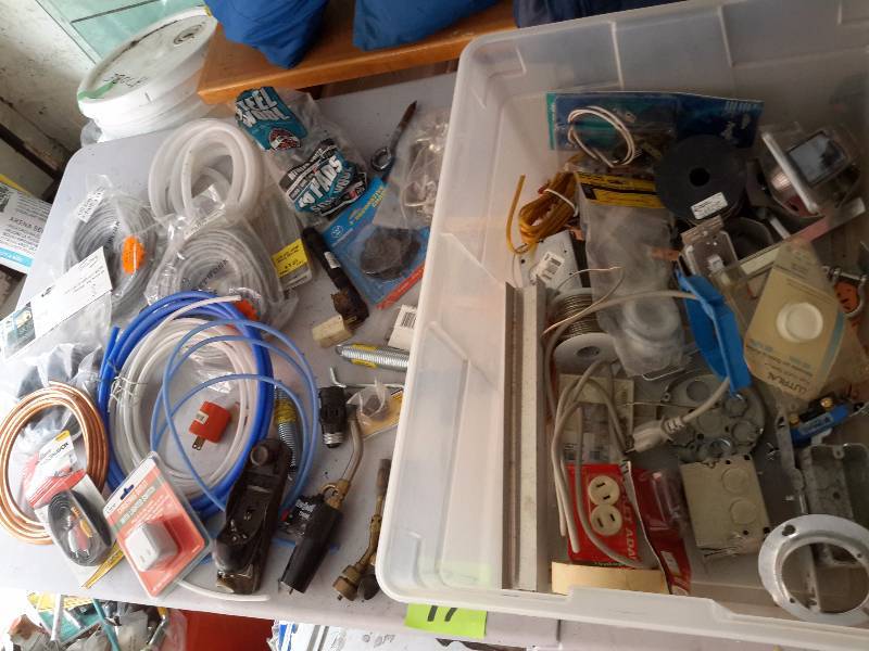 lot 77 image: Misc. items  Including 3, torch attachments, roll of copper tube and plastic tubing.  Stanley plane, misc. electrical items and other as pictured.