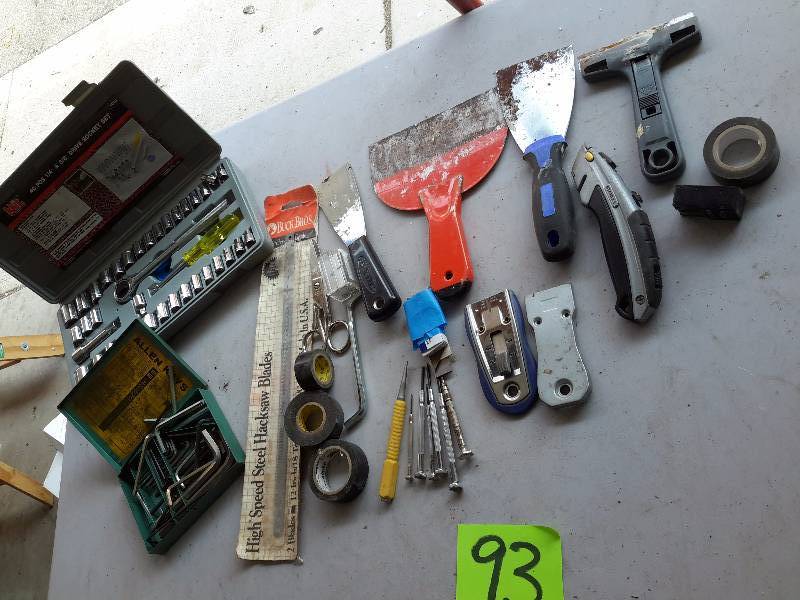 lot 93 image: Misc. tools as pictured. Complete set of sockets Allen wrench set, Misc. putty knives.. Small screwdriver set.. Other items as pictured