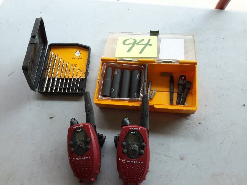 lot 94 image: DEWALT Deep Socket, Impact Ready Sockets.  Set of Drill bits.. 2, TALKABOUT, Walkie Talkies.. One powers up.. The other, I think the batteries are dead.. Not sure if these will work or not.  Please inspect, or take your chances.