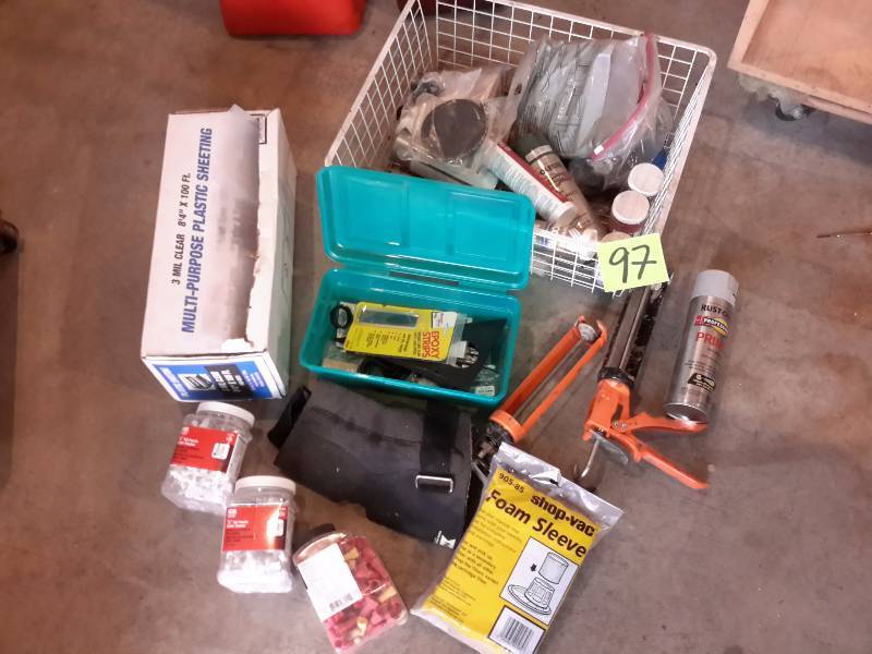 lot 97 image: Misc. items as pictured.. Including Electrical staples, roll of plastic, back brace other items as pictured.