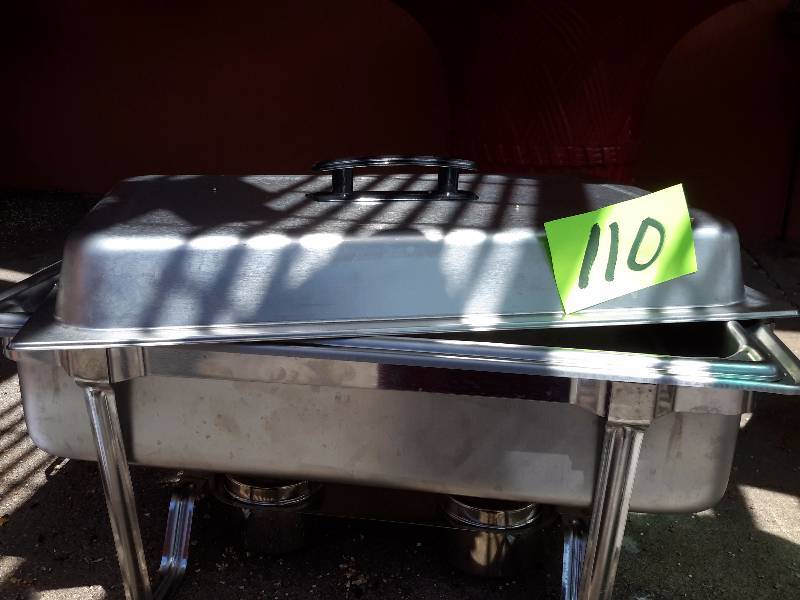 lot 110 image: Rectangular  Chaffing Dishes with Sterno  burners and cans of Sterno. Insert pan included