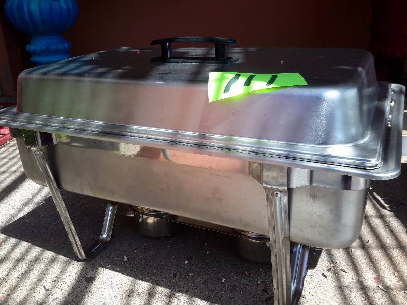 lot 111 image: Rectangular  Chaffing Dishes with Sterno  burners and cans of Sterno. Insert pan included