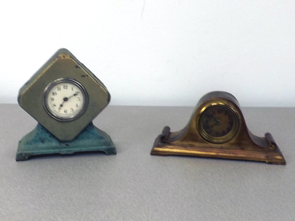lot 1 image: Lot of 2 Small Antique Metal Mantel Clocks, One ClockBank
