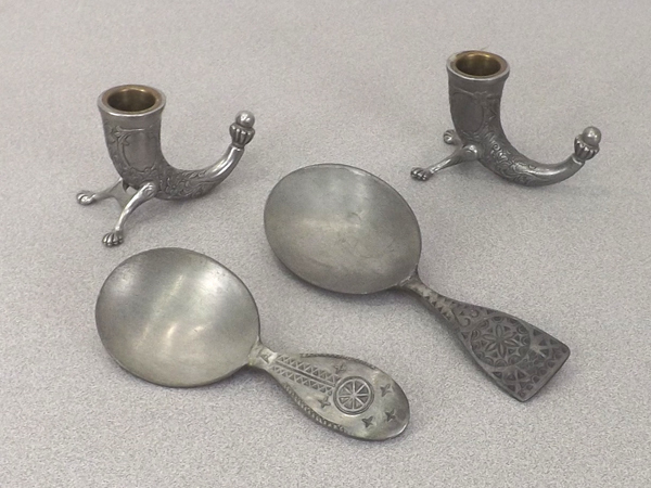 lot 3 image: Antique Scandinavian Pewter Wedding Spoons and Candle Holders