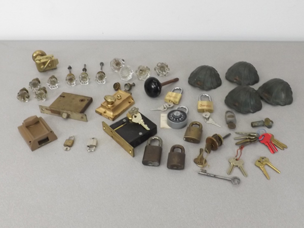 lot 9 image: Lot of Antique Hardware Locks Drawer Pulls Etc.