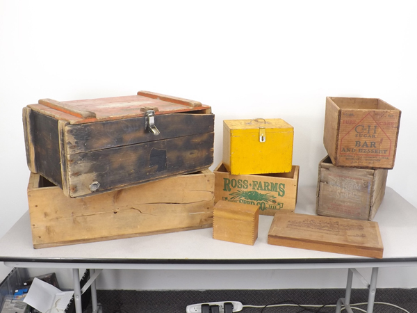 lot 12 image: Large Lot of Vintage Wood Advertising Etc Crates and Boxes