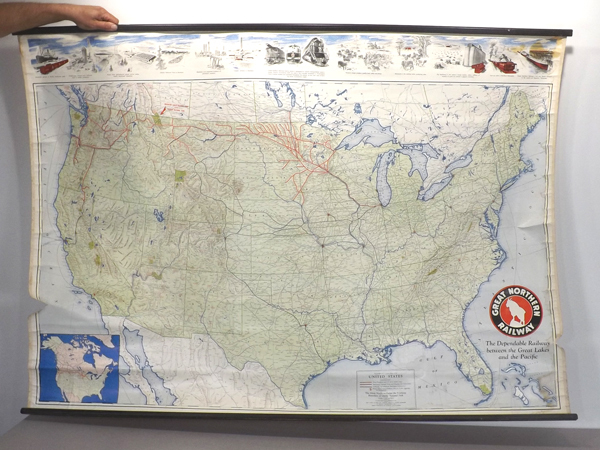 lot 17 image: Rare WWII Era Great Northern Pull Down Railroad Map