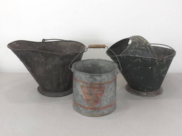 lot 26 image: Lot of Vintage Galvanized Coal Hods and Pail