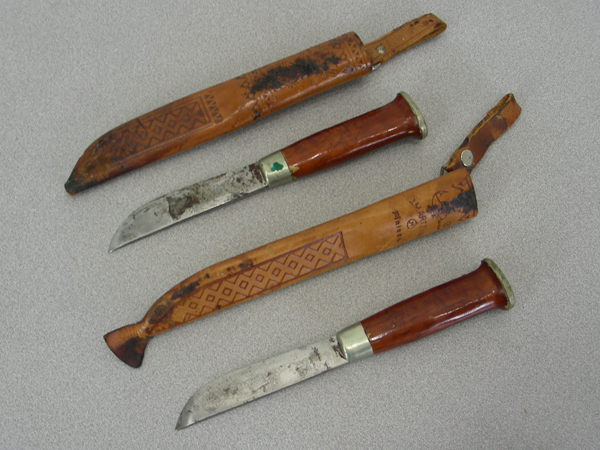 lot 46 image: 2 Vintage J. Marttiini HuntingFishing Knives with Leather Sheaths