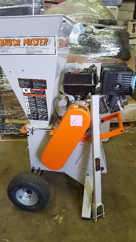 Brush Master CH9 CHIPPER 15HP COMMERCIAL Start missing gas cap -  commercial duty engine with 120V electric start. Self-feeds and chips up to 3 in. x 4 in. dia. branches, turning yard waste into useful 14 in. mulch.